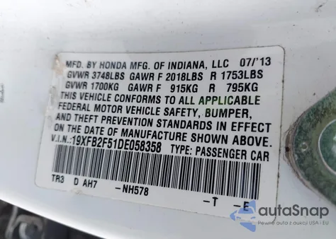 2013 Honda Civic Lx from USA, damaged, VIN 19XFB2F51DE058358